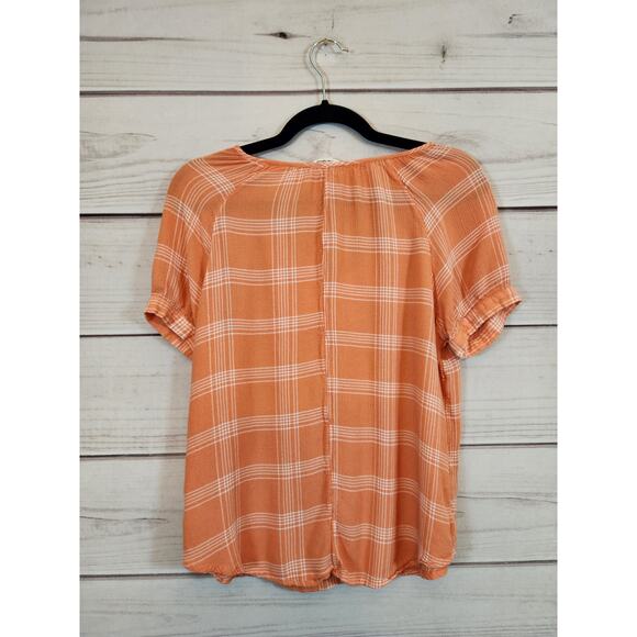 A.n.a. A New Approach Womens Orange Plaid Short Sleeve V-Neck Blouse Size Medium - Picture 2 of 6